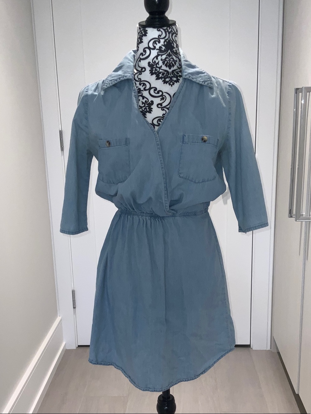Mimi Chica Dusty Blue Denim-Look Collared Mini Dress